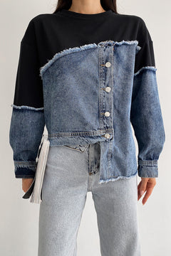 Asimetrik Düğmeli Kot Detaylı Tasarım Sweatshirt - Lacivert