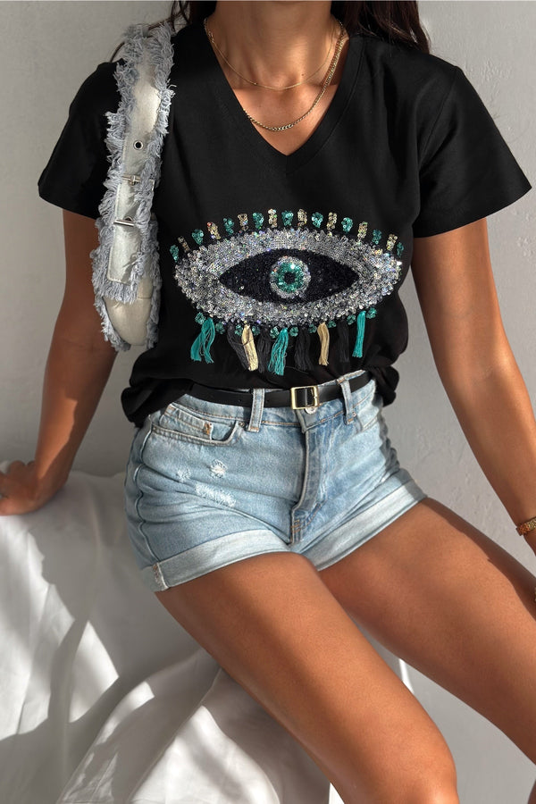 Kadın V Yaka Göz Desen Pul Payet İşlemeli Püsküllü %100 Pamuk T-Shirt - Siyah