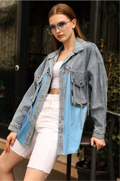 Kadın Çıtçıt Düğmeli Çift Cepli Zincir Kuşgözü Detaylı Oversize Denim Ceket - Mavi