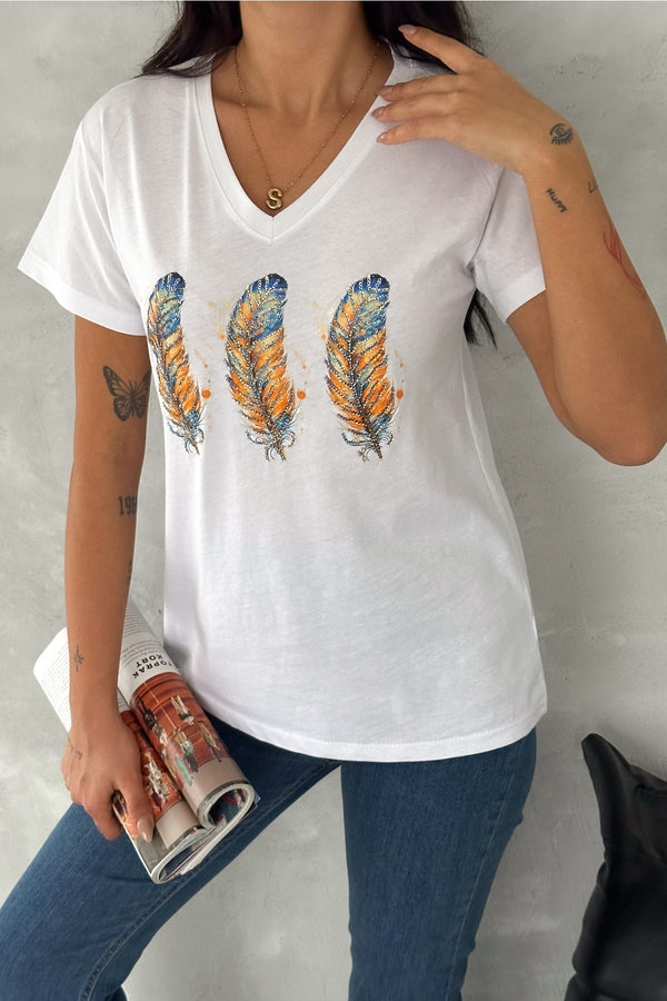 Kadın V Yaka 3 Tüy Pul Payet İşlemeli %100 Pamuk T-Shirt - Beyaz