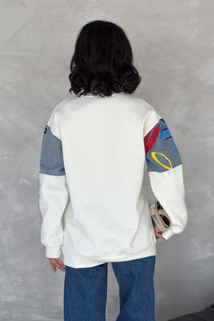 Kadın Kot Detaylı İçi Pamuklu Sweatshirt - Beyaz