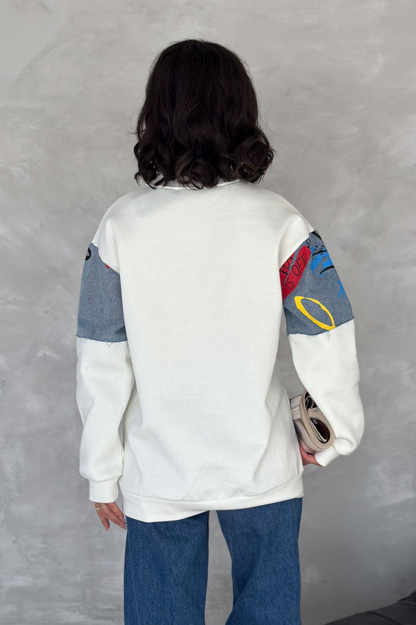 Kadın Kot Detaylı İçi Pamuklu Sweatshirt - Beyaz