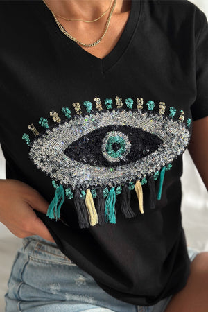 Kadın V Yaka Göz Desen Pul Payet İşlemeli Püsküllü %100 Pamuk T-Shirt - Siyah