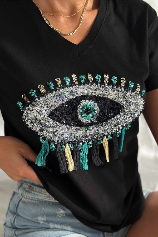 Kadın V Yaka Göz Desen Pul Payet İşlemeli Püsküllü %100 Pamuk T-Shirt - Siyah