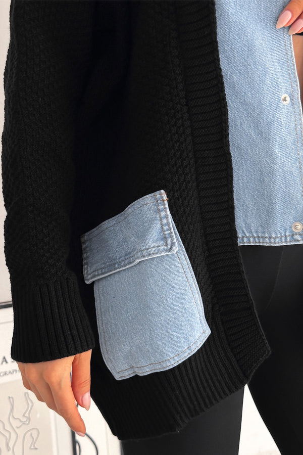 Kadın Standart Beden Çıtçıt Düğmeli Çift Cepli Kot Denim Detaylı Tasarım Oversize Triko Hırka - Siyah