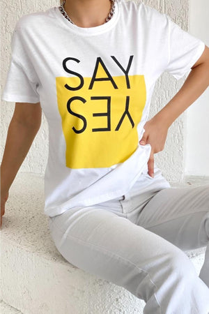 Kadın Bisiklet Yaka Say Yes Baskılı Yeni Sezon Pamuk T-shirt - Beyaz