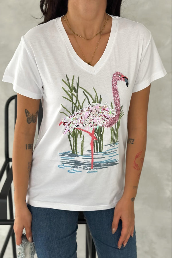 Kadın V Yaka Flamingo Pul Payet Ve Nakış İşlemeli %100 Pamuk Tişört - Beyaz