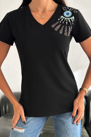 Kadın V Yaka Omzu Nakış Ve Pul Payet İşlemeli %100 Pamuk T-Shirt - Siyah