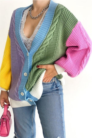 Kadın Oversize Triko Hırka Çok Renkli Salaş Blok Desenli - Sarı