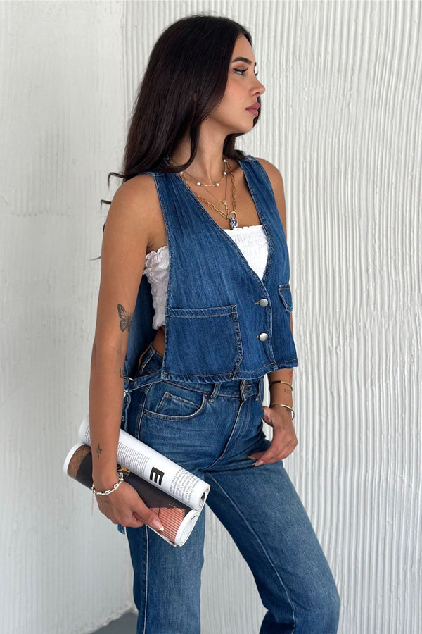 Kadın Düğmeli Cepli Tasarım Kot Yelek - Mavi