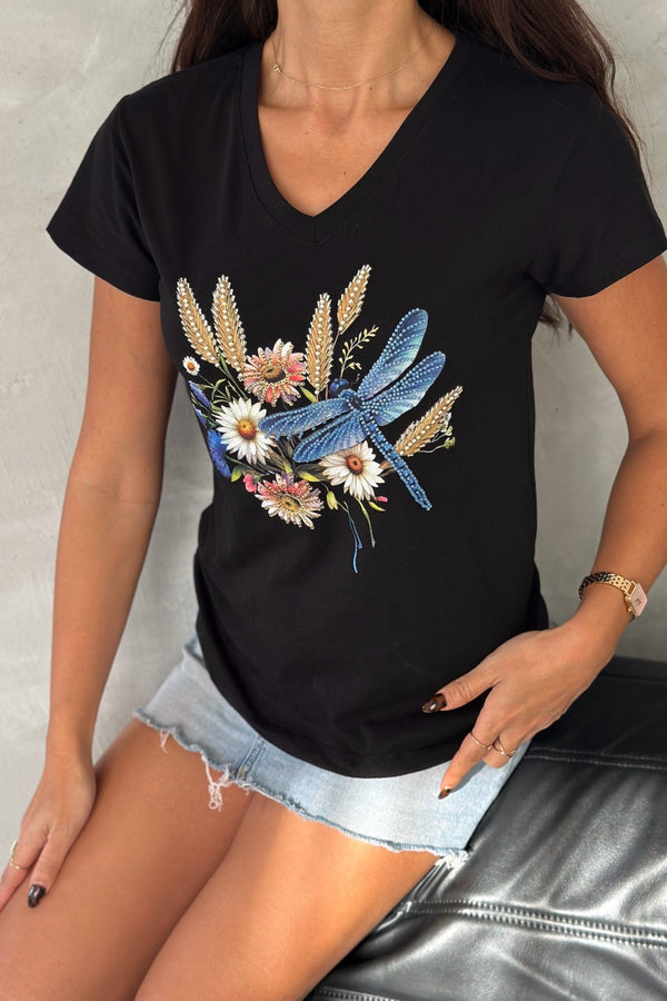 Kadın V Yaka Yusufçuk Desenli Pul Payet Boncuk İşlemeli %100 Pamuk T-Shirt - Siyah