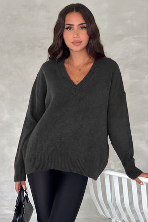 Kadın V Yaka Standart Beden Oversize Basic Triko Kazak - Antrasit