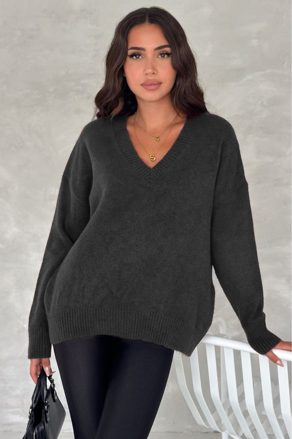 Kadın V Yaka Standart Beden Oversize Basic Triko Kazak - Antrasit