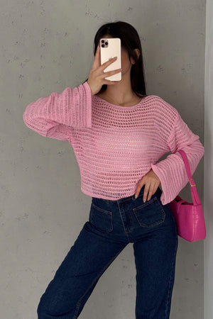 Kadın Standart Beden Uzun Kollu Ajurlu Salaş Delikli File Bluz - Pembe