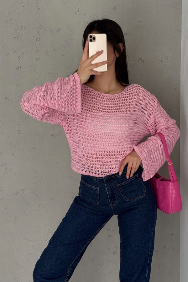 Kadın Standart Beden Uzun Kollu Ajurlu Salaş Delikli File Bluz - Pembe