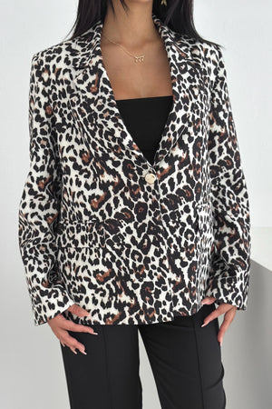 Leopar Desenli Blazer Ceket Vatkalı İçi Astarlı - Gri