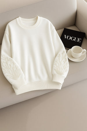Kolları Boncuk Ve Taş İşlemeli %100 Pamuk Sweatshirt - Beyaz