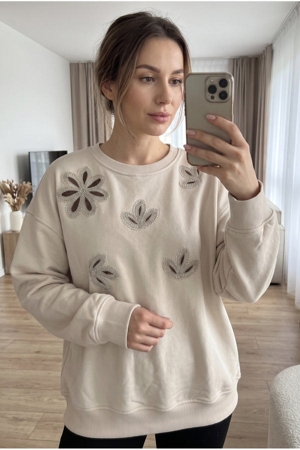 Nakışlı Boncuk İşlemeli %100 Pamuk Sweatshirt - Bej