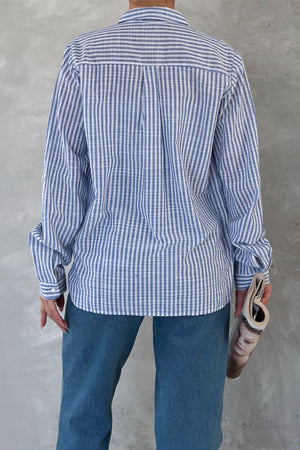 Kadın Çizgili Slim Fit %100 Pamuk Gömlek - Mavi