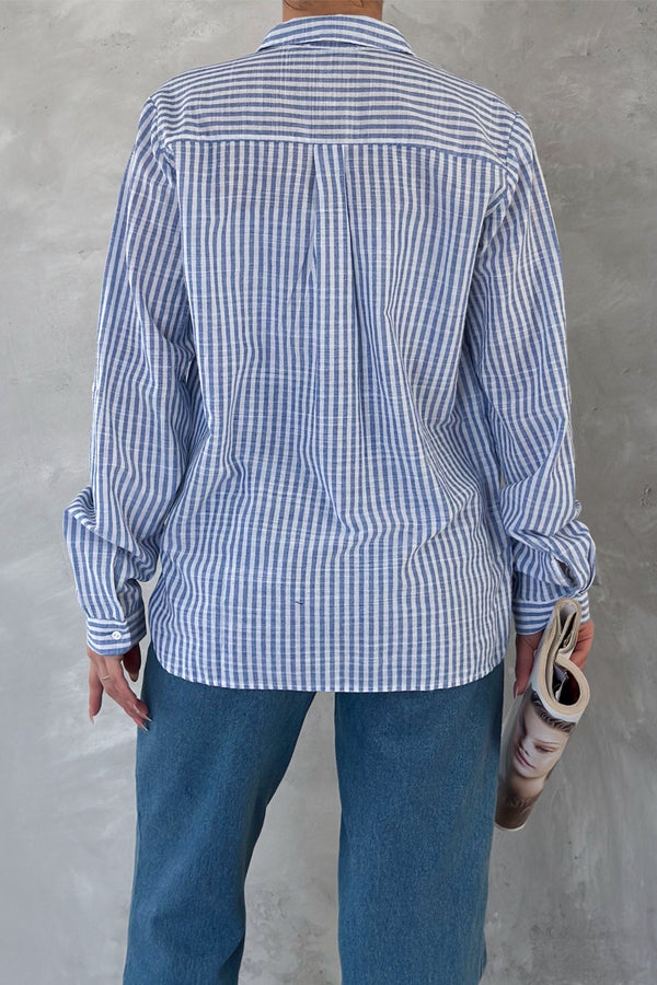 Kadın Çizgili Slim Fit %100 Pamuk Gömlek - Mavi