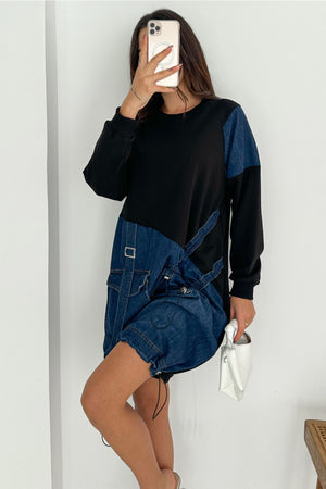 Kadın Sweat Denim Patchwork Elbise Oversize Cepli Büzgülü %100 Pamuk Spor Elbise - Lacivert