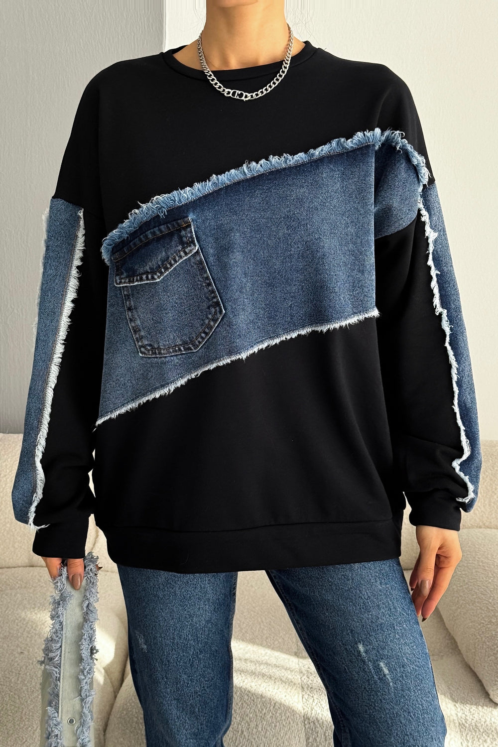 Kadın Oversize Kot Detaylı Sweatshirt - Siyah