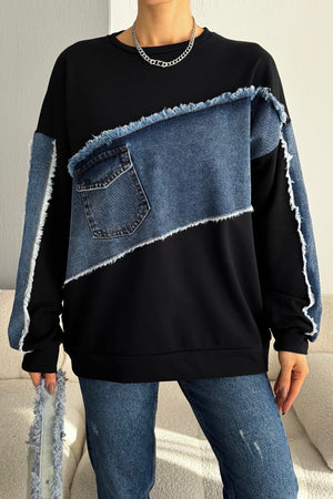 Kadın Oversize Kot Detaylı Sweatshirt - Siyah