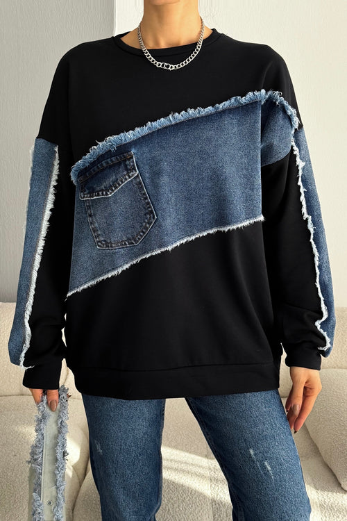 Kadın Oversize Kot Detaylı Sweatshirt - Siyah