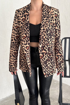 Kadın Leopar Desen Astarlı Blazer Ceket - Kahverengi
