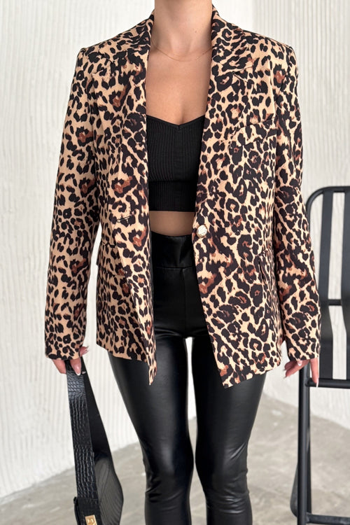 Kadın Leopar Desen Astarlı Blazer Ceket - Kahverengi