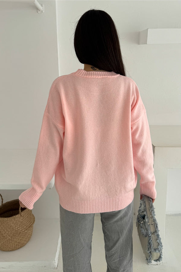 Kadın Standart Beden Oversize Basic Triko Kazak - Pembe
