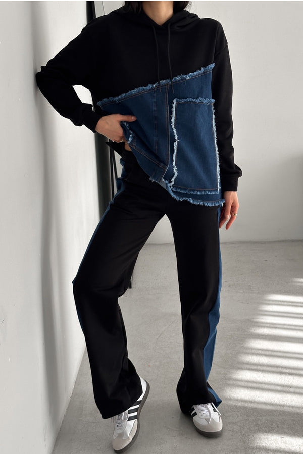 Denim Kot Garnili Kapüşonlu Eşofman Takımı - Siyah