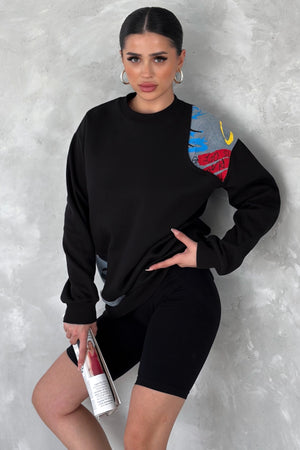 Kadın Beyaz Şardonlu Tasarım Kot Detaylı Sweatshirt - Siyah