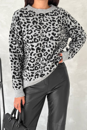 Kadın Standart Beden Leopar Desen Oversize Triko Kazak - Gri
