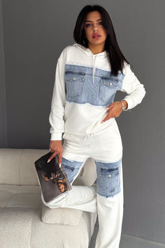 Denim Kot Garnili Cep Detaylı Kapüşonlu Alt-Üst Takım - Beyaz