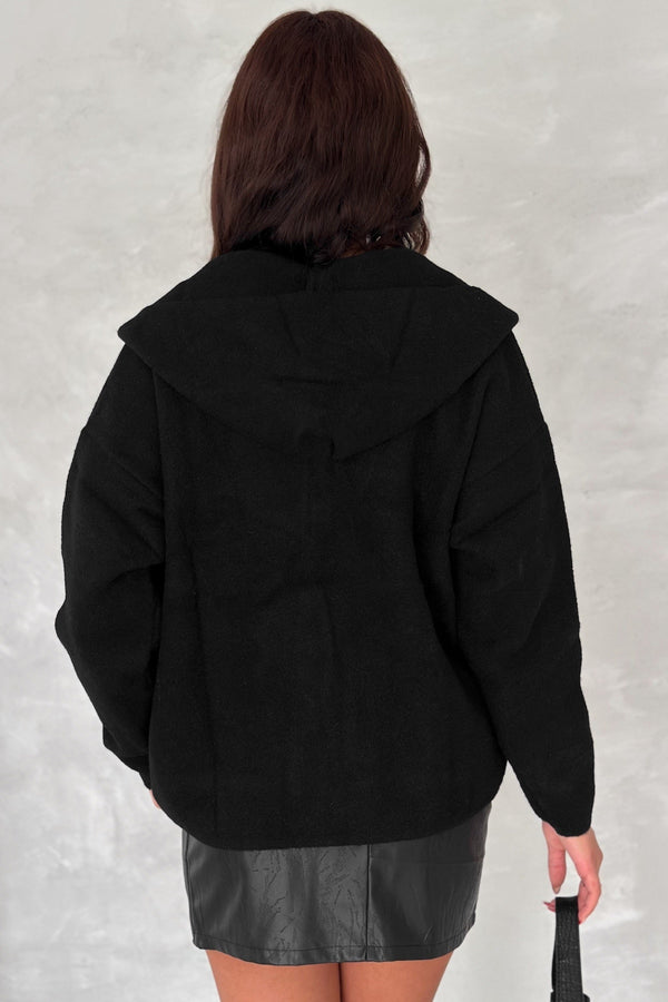 Kadın Standart Beden Kapüşonlu İnci Düğme Detaylı Oversize Triko Hırka - Siyah
