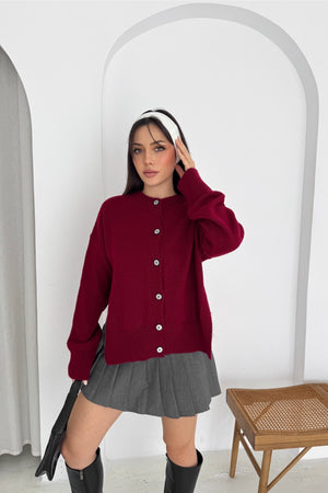 Yanı Yırtmaçlı Düğmeli Oversize Triko Hırka Standart Beden - Bordo