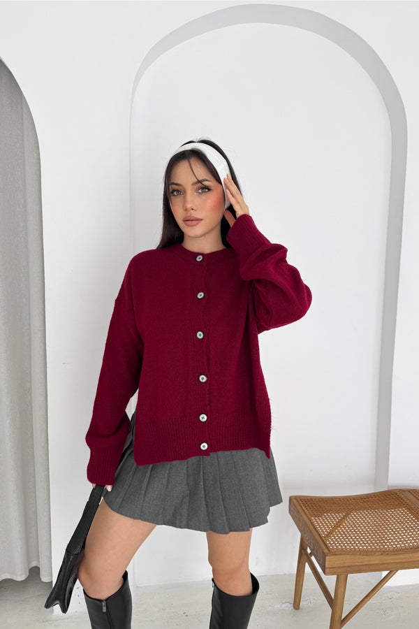 Yanı Yırtmaçlı Düğmeli Oversize Triko Hırka Standart Beden - Bordo