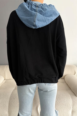 Kot Garnili Kapüşonlu Tasarım Sweatshirt - Siyah