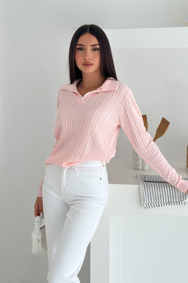 Kadın Polo Yaka Standart Beden Triko Bluz - Pembe