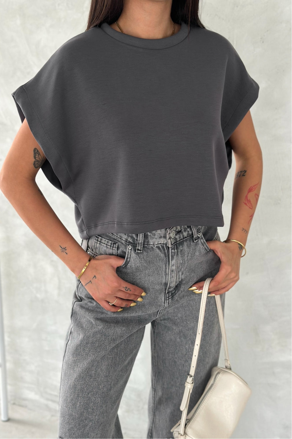 Kadın Yuvarlak Yaka Modal Kumaş Basic T-shirt - Antrasit