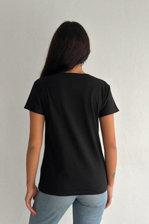 Kadın V Yaka Omzu Yaprak Pul Payet İşlemeli %100 Pamuk T-Shirt - Siyah