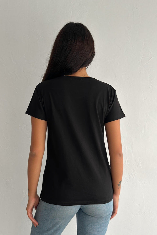 Kadın V Yaka Omzu Yaprak Pul Payet İşlemeli %100 Pamuk T-Shirt - Siyah