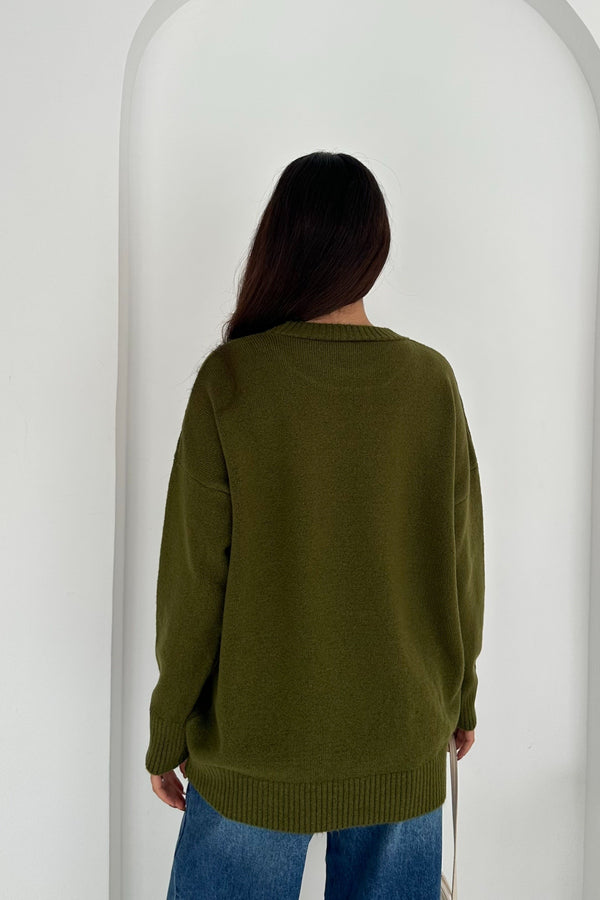 Kadın Standart Beden Oversize Basic Triko Kazak - Haki