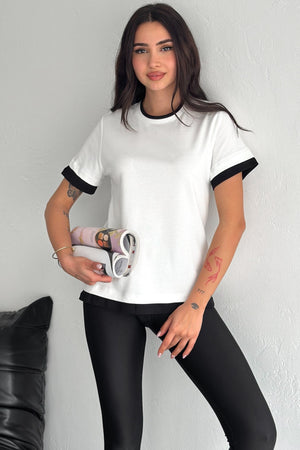 Kadın Yuvarlak Yaka Şerit Detaylı %100 Pamuk T-shirt - Beyaz