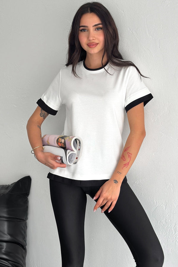 Kadın Yuvarlak Yaka Şerit Detaylı %100 Pamuk T-shirt - Beyaz