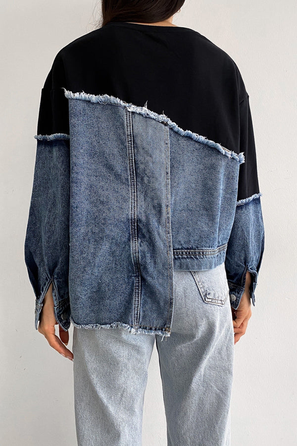 Asimetrik Düğmeli Kot Detaylı Tasarım Sweatshirt - Lacivert