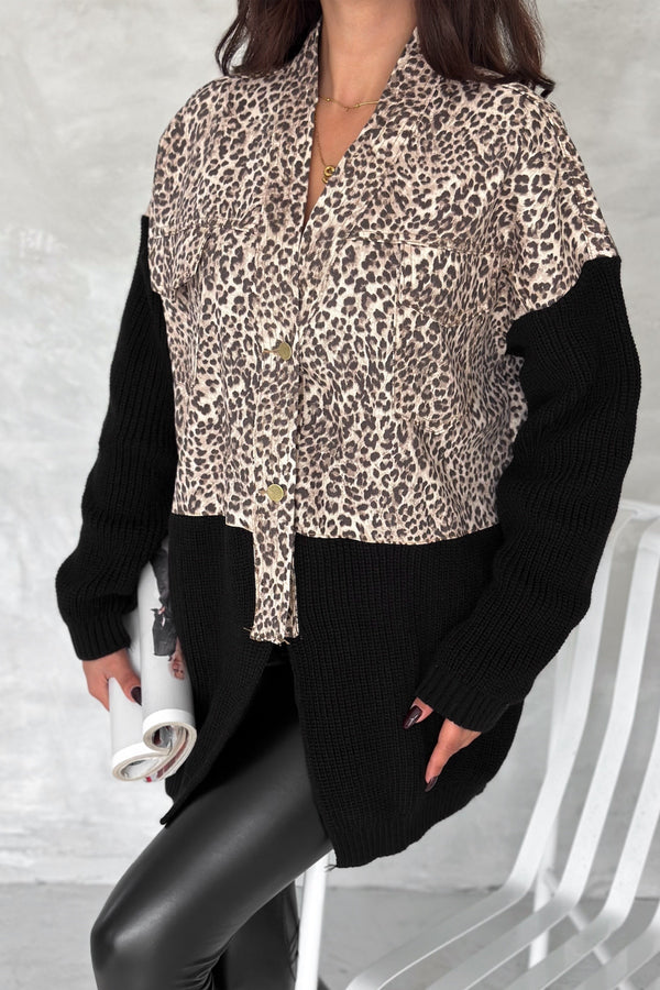 Kadın Kahverengi Standart Beden Desen Triko Detaylı Tasarım Oversize Kot Ceket - Leopar