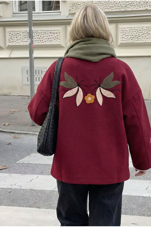 Nakış İşlemeli Vintage Kaşe Ceket - Bordo