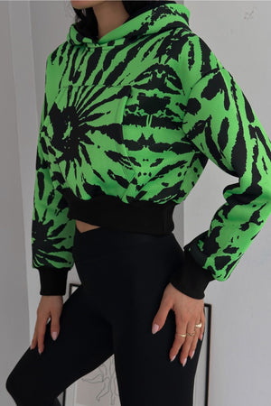 Kapüşonlu Kanguru Cepli Renkli 3 İplik Şardonlu Crop Sweatshirt - Yeşil